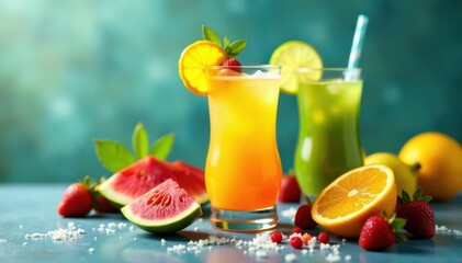 Refreshing summer fruit cocktails, vibrant colors , high-resolution, vacation, clean