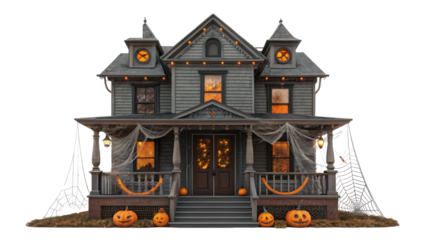 Victorian Haunted House Halloween Decor with Pumpkins, Lights, and Cobwebs