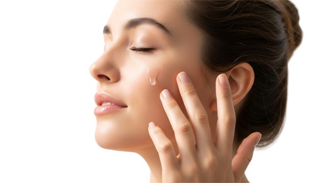 Woman applying serum to her face for skincare