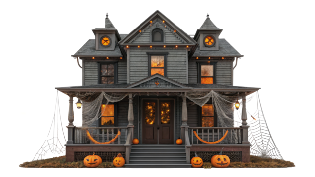 Victorian Haunted House Halloween Decor with Pumpkins, Lights, and Cobwebs