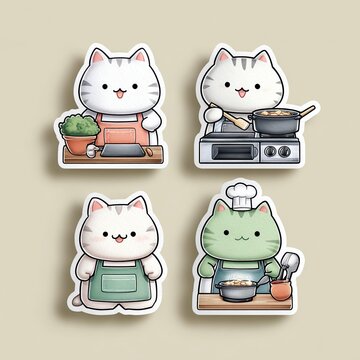 Naklejki Cute cat stickers in chef and cooking poses.