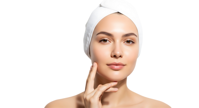 Beautiful woman with clear skin and a towel on her head, isolated on white background