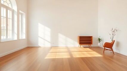 Fototapeta premium Minimalist living room with clean white walls and warm wood flooring, featuring mid-century modern furniture and soft natural light.