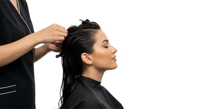 Hairdresser styling a womans hair, focusing on intricate braiding techniques