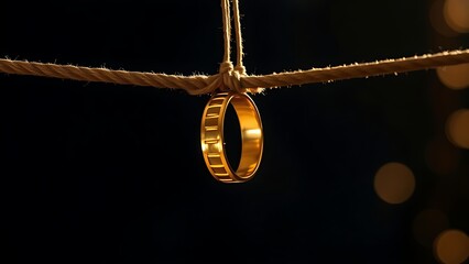 Fototapeta premium Golden wedding bands hanging on a thin rope against a dark backdrop, symbolizing love and elegance.