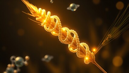 A luminous DNA helix wrapped around a golden wheat stalk with glowing carbohydrate molecules orbiting like planets.