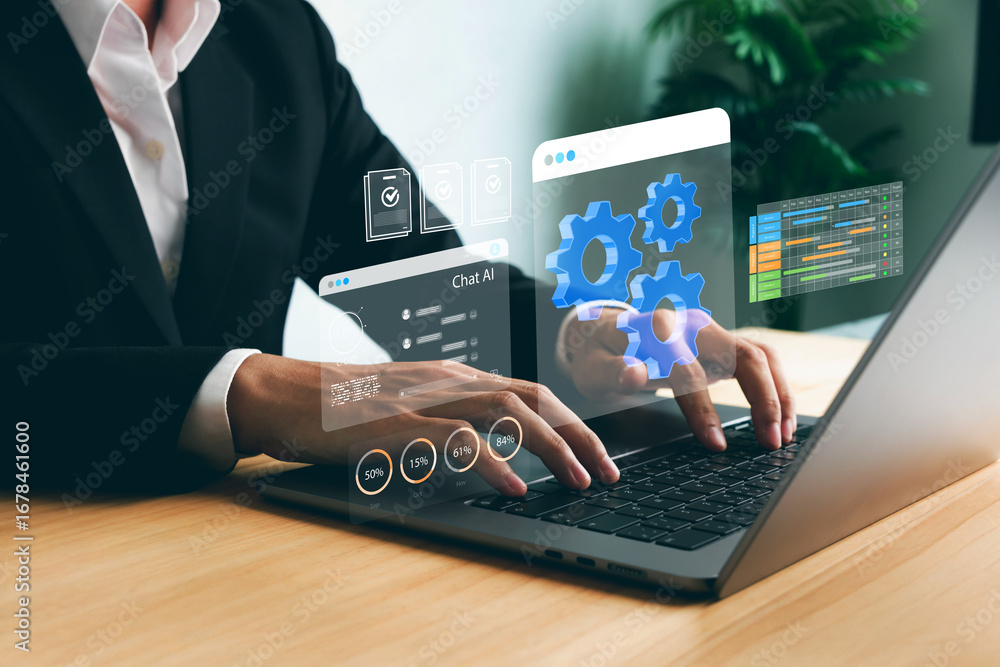 Poster businessman working on laptop with ai chat interface and automation system dashboard, representing a