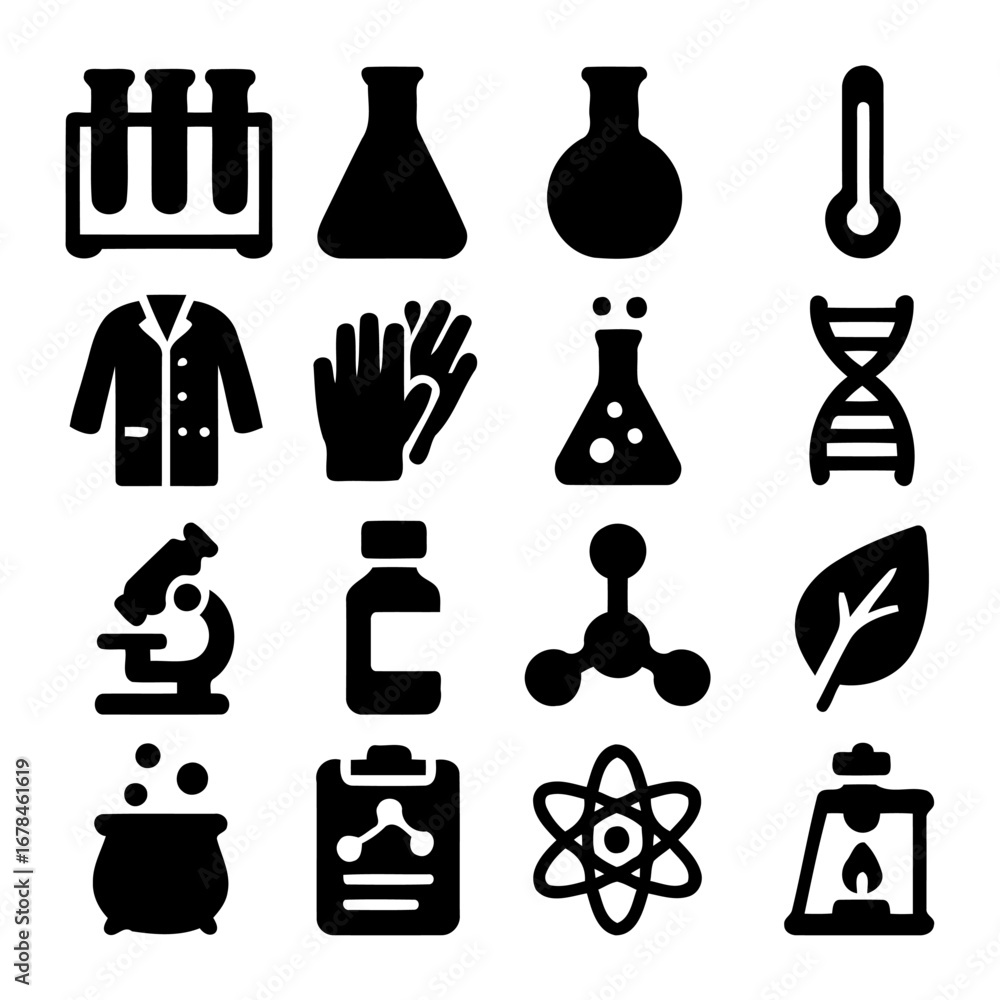 Poster laboratory icons: this image showcases a set of intricately crafted icons symbolizing the world of s