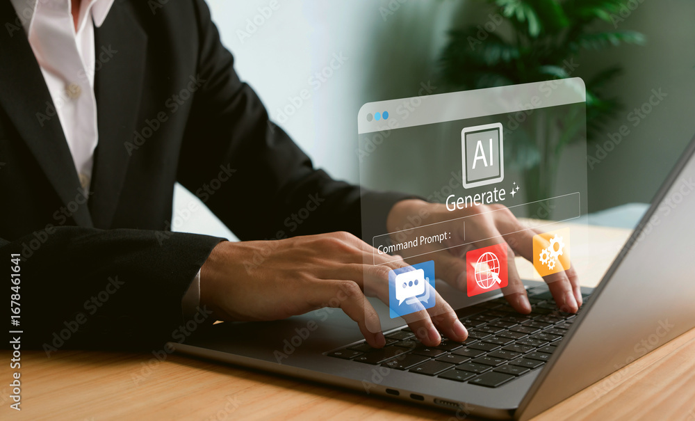 Poster businessman using artificial intelligence interface on laptop with virtual command prompt and ai gen