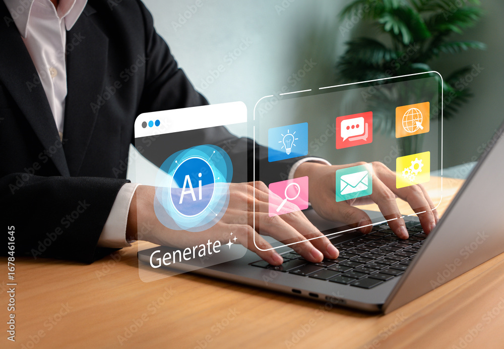 Poster businessman using ai-powered software to generate content on laptop with colorful interface icons, s