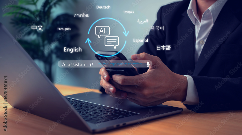 Fototapete businessman using smartphone with ai language assistant interface in multiple languages, representin