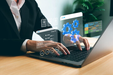 Businessman working on laptop with AI chat interface and automation system dashboard, representing artificial intelligence development, data analysis, and productivity technology.