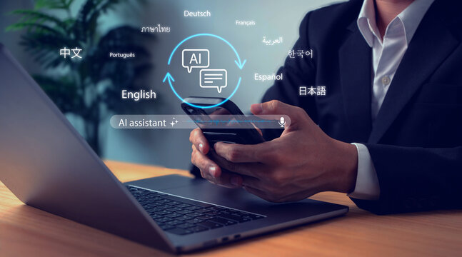 Businessman using smartphone with AI language assistant interface in multiple languages, representing real-time AI translation, communication technology, and multilingual interaction.