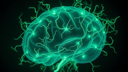 A translucent brain entwined with glowing green bioluminescent vines, pulsing with mysterious energy.