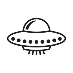 A black and white vector illustration of a classic UFO or flying saucer. 