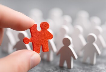 A hand holds a red puzzle piece person, distinct from a crowd of white people