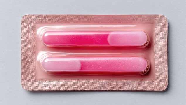 Two pink, oblong medicine strips in a light peach blister pack, top-down view