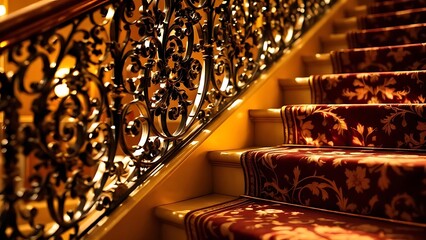 Luxury Staircase with Ornamental Iron Railing and Golden Warm Lighting