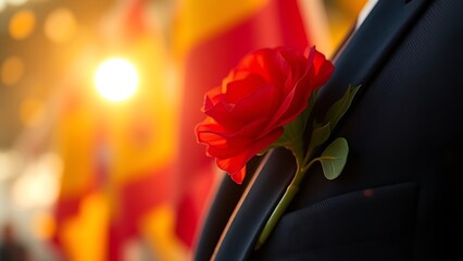 A red carnation pinned on a navy blue jacket, golden sunlight filtering through festive flags and confetti.