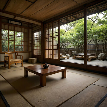This traditional Asian tea room emphasizes harmony with nature, offering Japanese-style tatami mats and tea. Simple furniture and a small table are provided for enjoying tea.