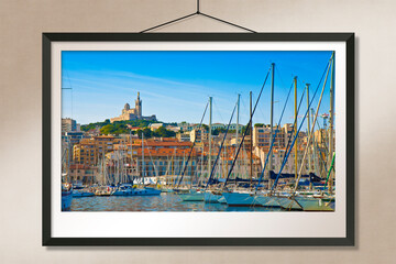 VIEW OF MARSEILLE HARBOR WITH THE FAMOUS CHURCH OF NOTRE DAME DE LA GARDE on background...