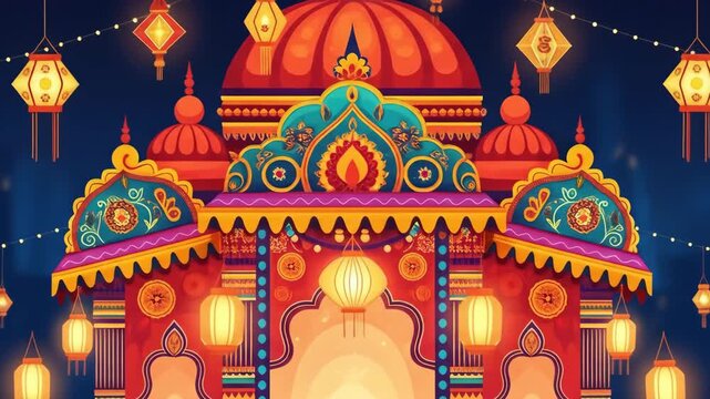 Vibrant Navratri Durga Puja Festival Background Festive Indian Archway with Lanterns and Traditional Decorations
