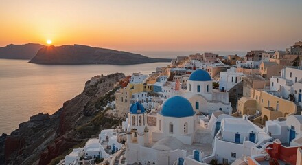 Santorini greece sunset over white buildings and blue domes