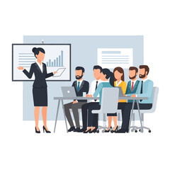 Business Presentation with Data Chart Illustration with Businesswoman Presenting and Group of Professionals in a Light Blue Office Setting