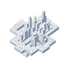 Abstract Isometric Cityscape in Muted Blue Tones Featuring Geometric Urban Design and a Minimalist Block Structure on a White Background