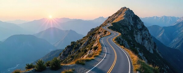A winding road ascending a mountain, symbolizing the journey and progression of a career path, reaching for success and new heights ,  aspiration,  professional growth,  peak