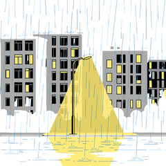 Cityscape with Rain Falling and Street Light Glowing in Gray Buildings with Window in Urban Setting during Overcast Weather