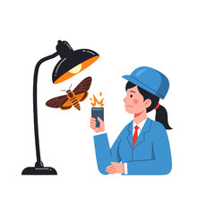 Pixel Art Depiction of Woman with Mobile Phone Near Lamp Attracting a Moth Featuring Blue Hard Hat and Light Brown Moth