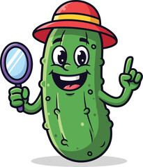 Funny Pickle with Hat Holding Mirror Cartoon Vector illustration