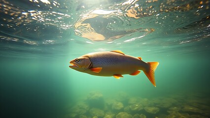 Underwater scene of a trout swimming in a clear river, showcasing aquatic tranquility and wildlife.