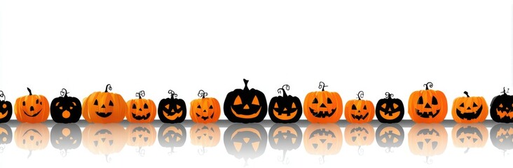 Halloween jack-o'-lanterns in a horizontal row, with reflections