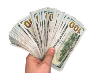 USA dollars, US money, cash, salary in dollars, dollar, mans hand is holding a stack of US dollars,...