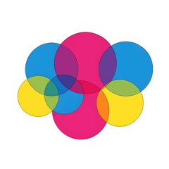 Overlapping Circles Forming Abstract Shapes With Pink Blue Yellow and Green Hues on White Background
