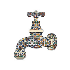 Ornate Tile Pattern Faucet Illustration on White Backdrop Detailed Mosaic Design with Decorative Elements Adds Vintage Style to Plumbing Fixture