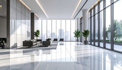 Modern Office Lobby with Large Glass Windows and Minimalist Seating Area