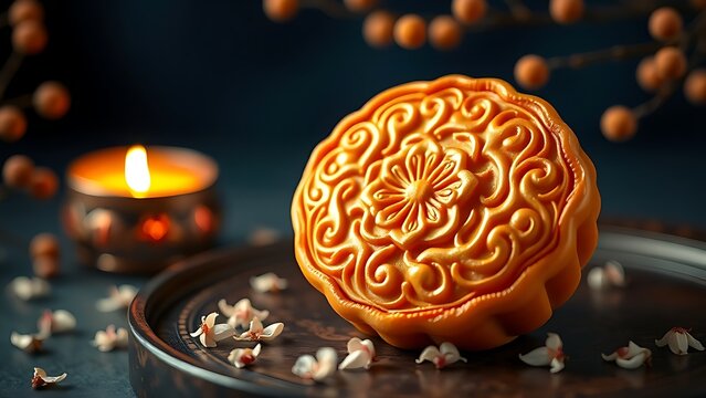 A golden mooncake with floral designs sits on a tray amid osmanthus blossoms.