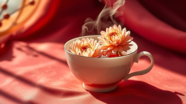 Delicate porcelain teacup with floating chrysanthemum blooms, steam rising in autumn sunlight against a muted red silk backdrop.