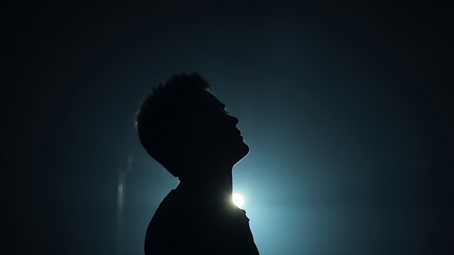 A silhouette in dim light with a faint glow, creating a mysterious and atmospheric mood.