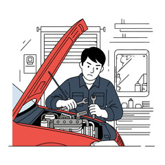 Focused Man Fixing Red Car Engine Using Wrench in Garage with Rolling Shutter Door with White Background