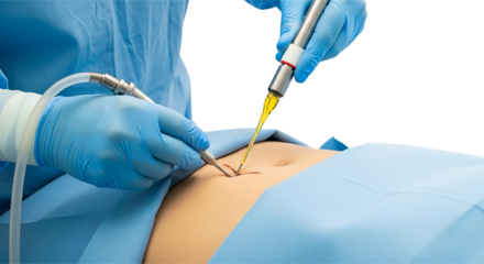 Surgeon performing liposuction procedure on patients abdomen with medical equipment
