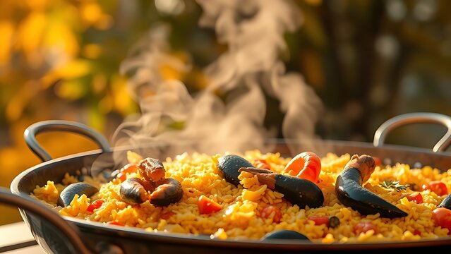 Traditional saffron-infused paella in a copper pan, steaming against a backdrop of soft autumn foliage in warm light.
