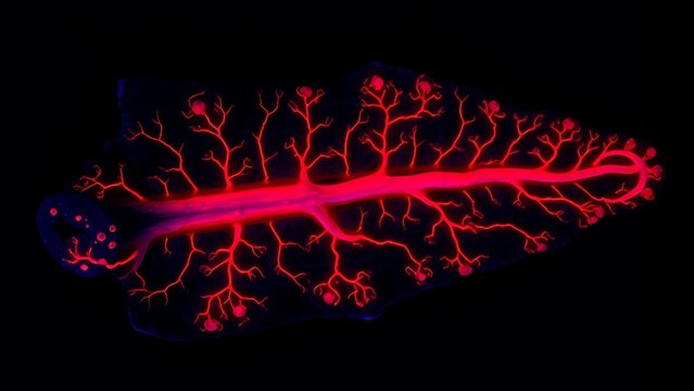 Glowing red vascular patterns preserved in fossilized bone under ultraviolet light, revealing intricate biological history.