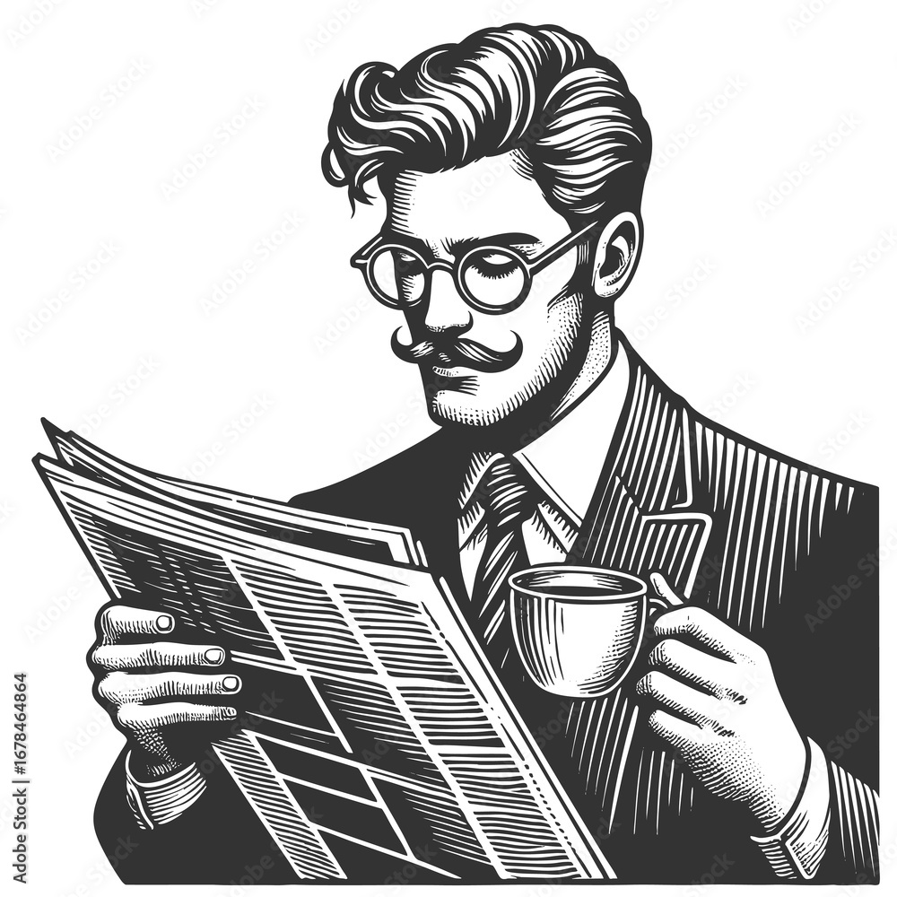 Aufkleber man in a suit with glasses and mustache, holding a cup of coffee while reading a newspaper sketch en