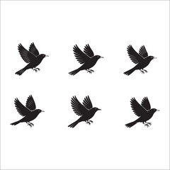 Obraz premium A set of black vector silhouettes of flying birds with outstretched wings, including eagles and doves