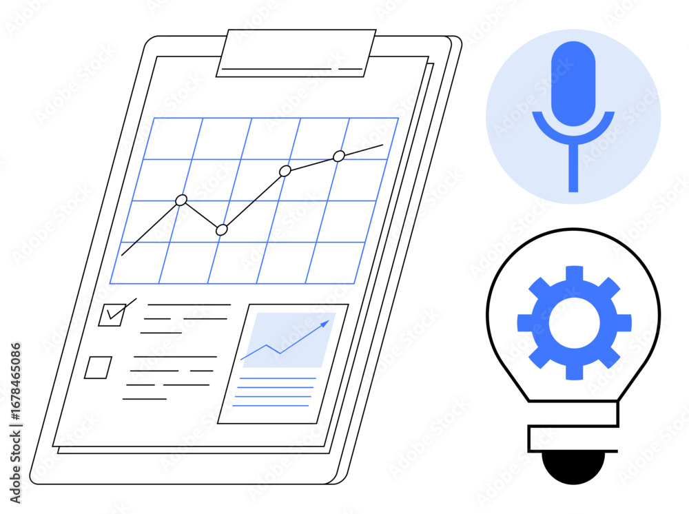 Poster clipboard displaying a growth chart with analytics, microphone icon representing communication, and 