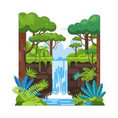 Lush Pixelated Jungle Waterfall Landscape with Towering Trees and Vibrant Green Foliage in Tropical Setting
